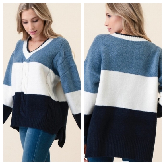 Sweaters - Color Block Cable Knit Oversized Varsity Sweater